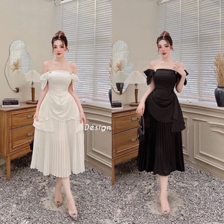 Váy lụa trễ vai dập ly