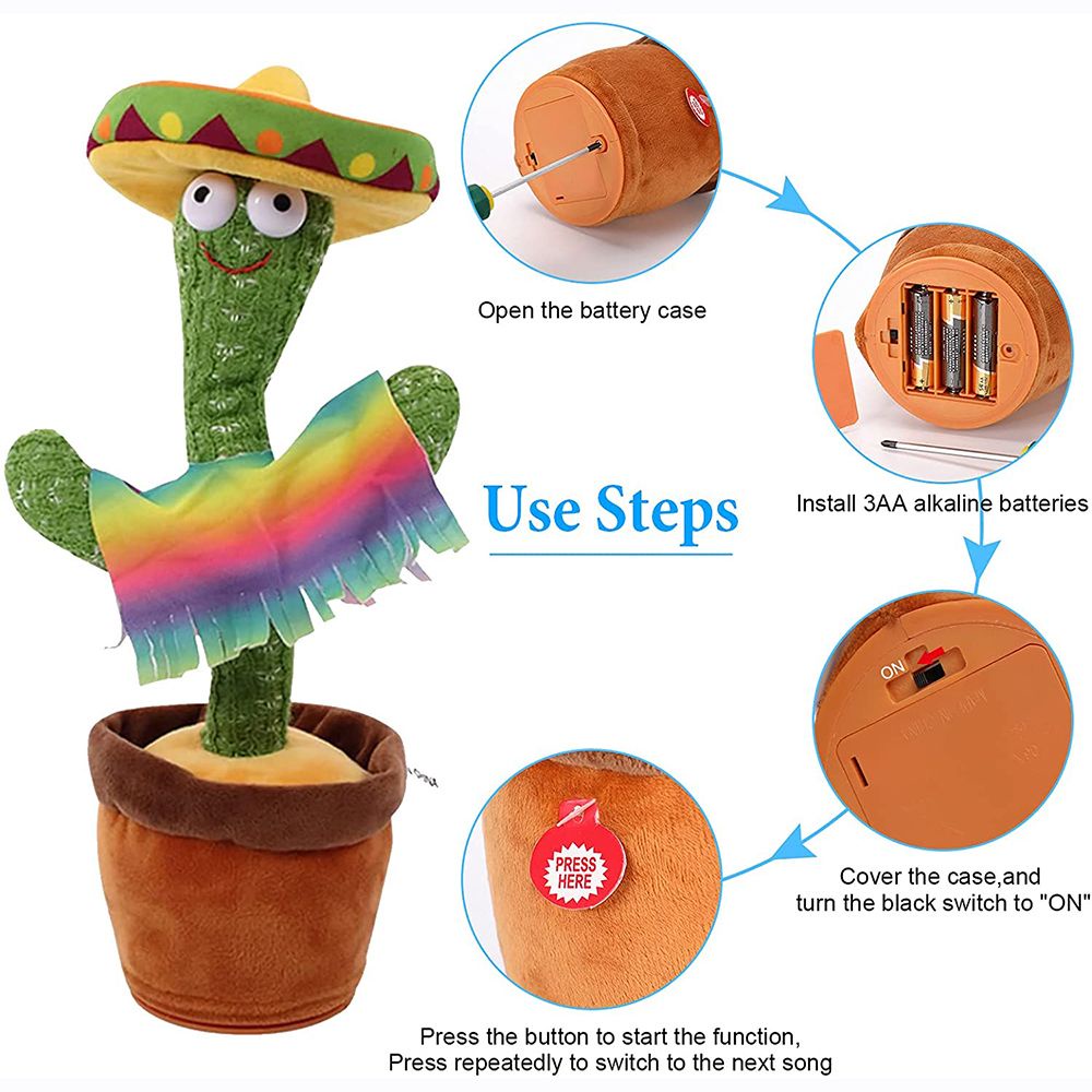 DAPHNE 120 Songs Cactus Shaking Toy Singing For Kids Funny Early Childhood Education Plush Shaking Repeat What You Say Luminous Electronic Battery Operated