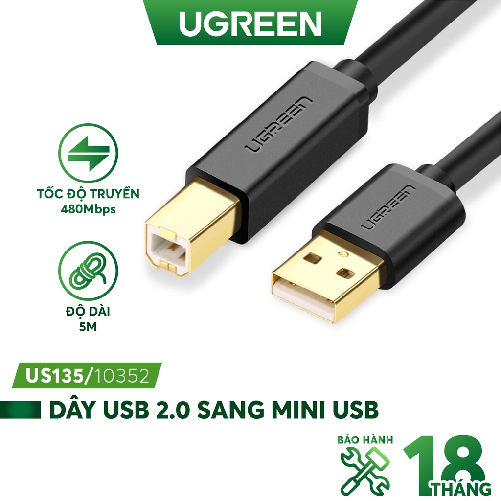 Dây máy in USB 2.0 chuẩn A đực sang chuẩn B đực độ dài từ 1-5m UGREEN US135