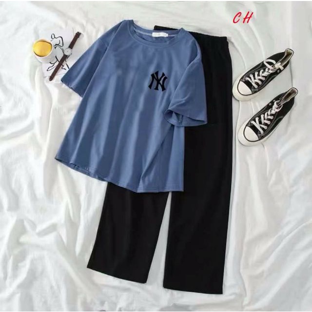 Sét áo logo N Y + quần ống rộng dáng dài COH0520, áo thun nam nữ, quần kaki, quần nữ, sét bộ mặc ở nhà