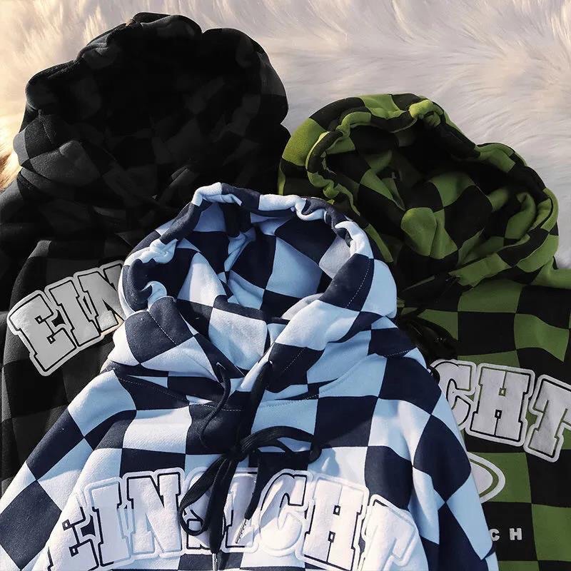 Áo hoodie tay dài form rộng kẻ caro phong cách retro