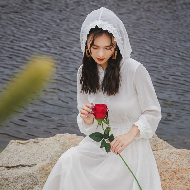 IELGYĐầm Voan Dài Có Mũ Trùm Màu Trắng Thời Trang Dành Cho Nữ