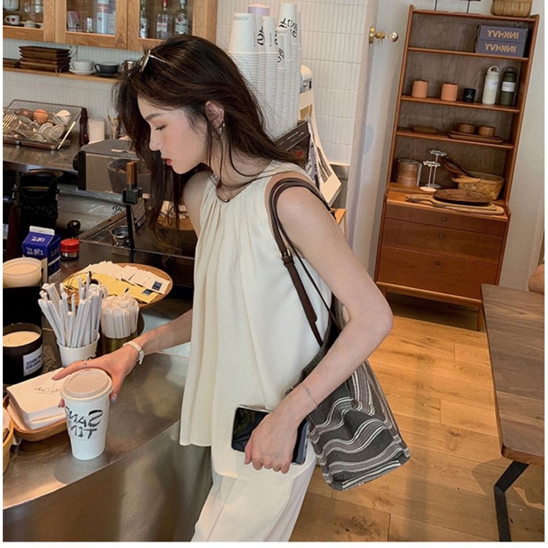 set bộ cổ yếm xếp ly kèm quần ống suông 3 màu
