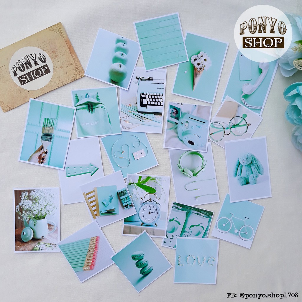 Set 21 sticker nhãn dán ảnh phong cách Instagram (Màu Xanh bạc hà) trang trí Scrapbook/Planner