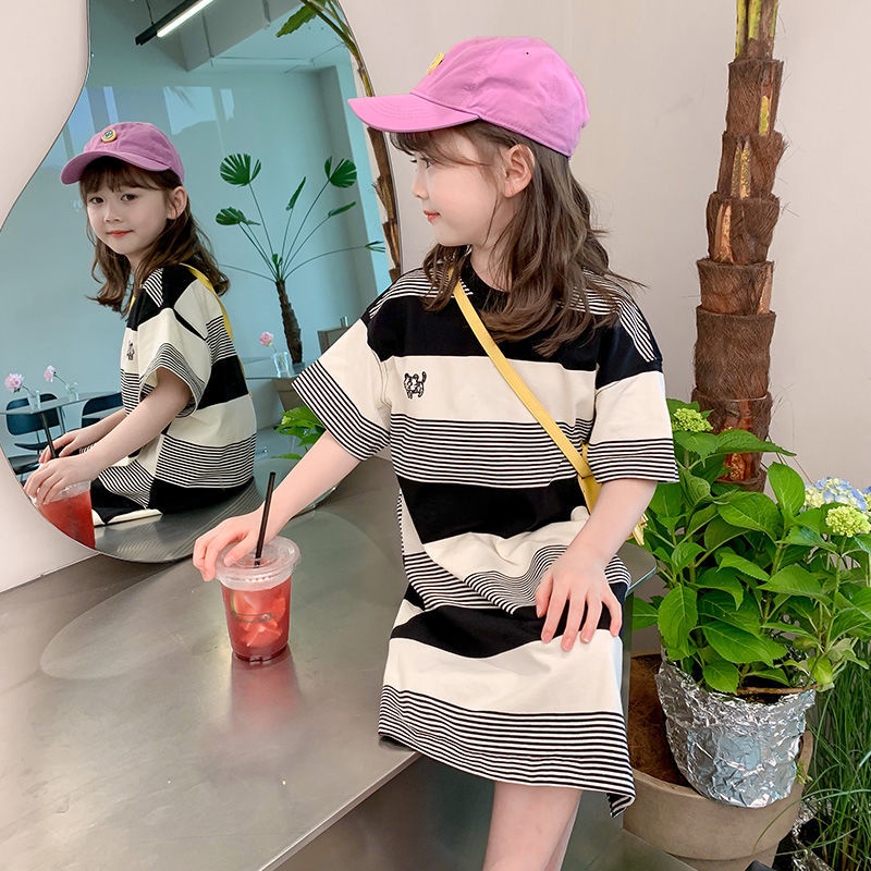 Đầm Thun Tay Ngắn Họa Tiết Kẻ Sọc Phong Cách Hàn Quốc Thời Trang Mùa Hè Xinh Xắn Cho Bé Gái