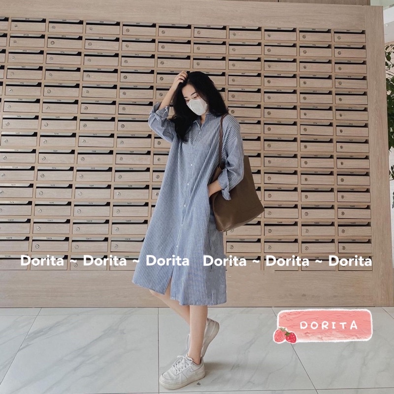 [Ảnh thật/Video] Váy sơ mi kẻ sọc dài tay kèm đai Dorita, Đầm dáng suông Hàn Quốc - Dorita Boutique | WebRaoVat - webraovat.net.vn