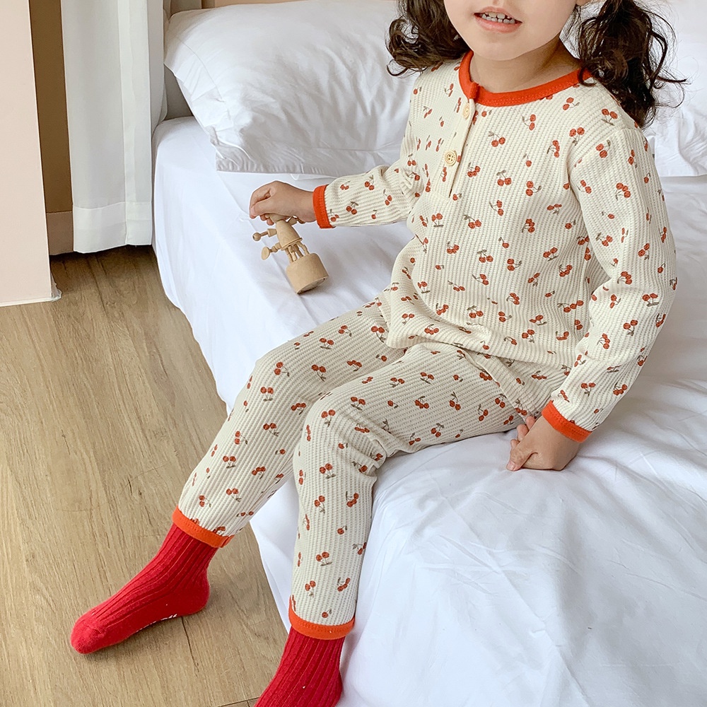 Đồ bộ bé trai bé gái hình quả Cherry cá tính dễ thương, Set quần áo sơ sinh vải cotton tổ ong tay dài Hàn Quốc