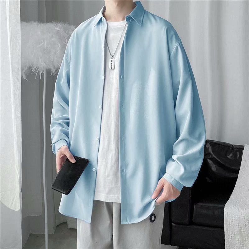 Áo Khoác Sơ Mi Tay Dài Dáng Rộng Màu Trơn Thời Trang Retro Nhật Hàn Cho Nam