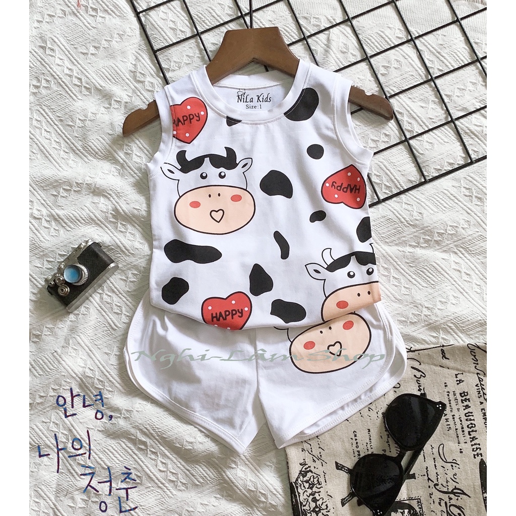 Đồ bộ bé trai sát nách in hình bò sữa chất liệu thun cotton 100% co giản 4 chiều cho bé từ 8-23kg