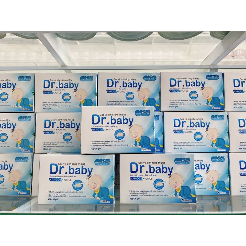 Gạc vệ sinh răng miệng Dr.baby (hộp 30gói) Dr Baby dịch chiết trà xanh- lá hẹ NaHCO3 Xylitol bảo vệ lưỡi-nướu-răng miệng