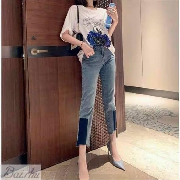 Quần jean dài loang màu, lưng cao, co dãn mạnh dành cho Bigsize 4105