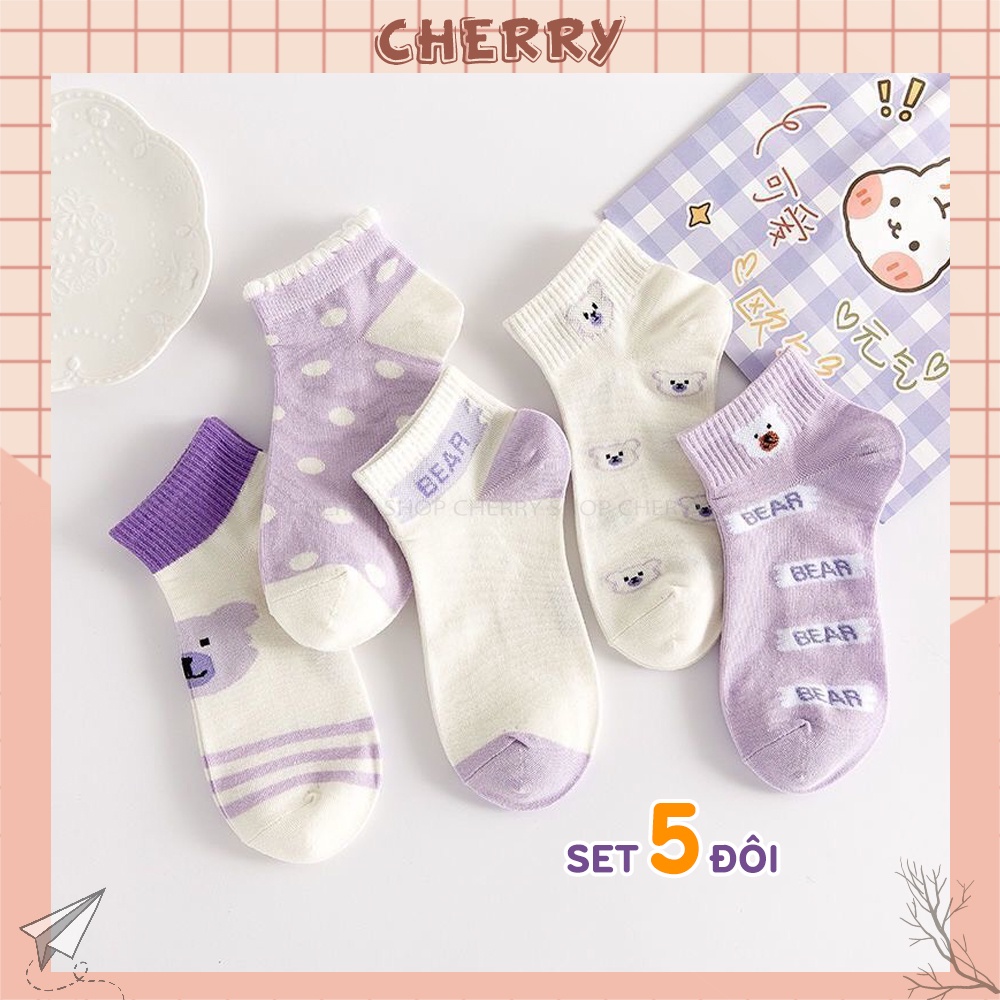 Tất cổ ngắn phong cách Hàn Quốc, set 5 đôi tất vớ chất liệu cotton co giãn bốn chiều - Cherry Shop
