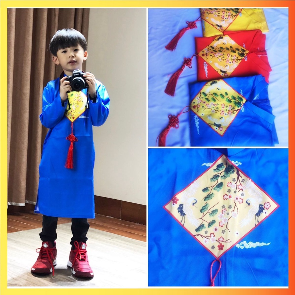 ÁO DÀI CHO BÉ TRAI IN HỌA TIẾT TẾT MÀU XANH, ÁO DÀI TRẺ EM ADTEIN-XD