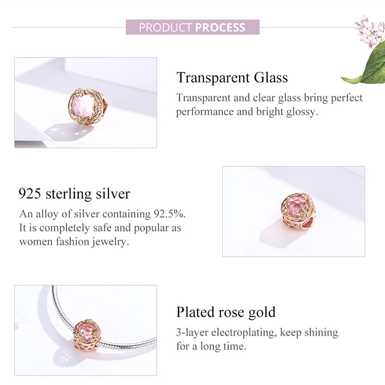 BAMOER Vòng Tay Hạt Charm Hình Hoa Bướm Và Bướm Bằng Kim Loại Mạ Vàng Hồng SCC1258