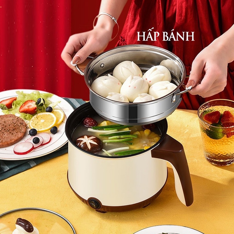 Nồi Lẩu Điện Mini 2 Tầng Đa Năng Tặng Kèm Khay Hấp - Chiên, Xào, Nấu ăn, nấu cơm, nấu lẩu mini (nồi 18cm shanban)