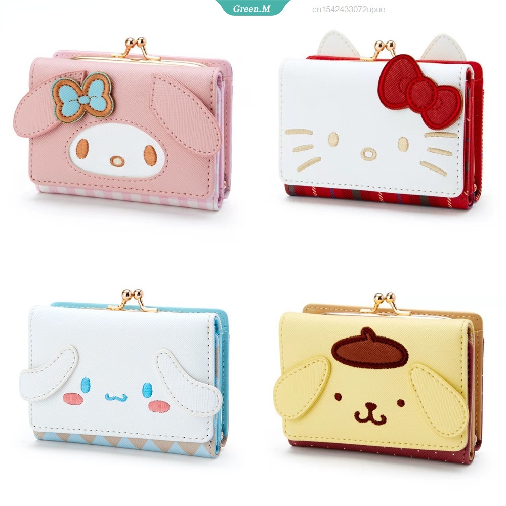 SANRIO Ví Da Ngắn In Hình Mèo Hello Kitty Cinnamoroll Melody Dành Cho Nữ