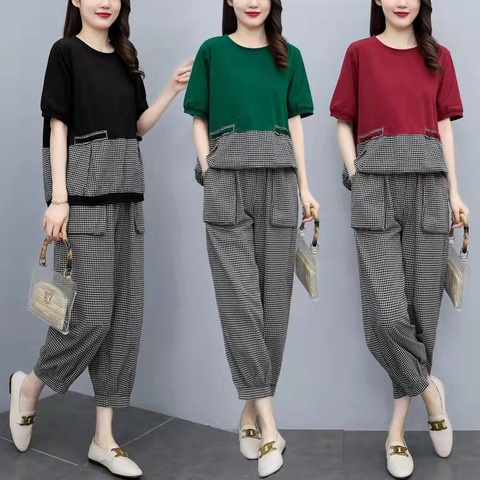 Thời Trang Set Áo Thun Ngắn Tay Form Rộng Và Quần Dài Họa Tiết Caro Phong Cách Năng Động Trẻ Trung Dành Cho Nữ