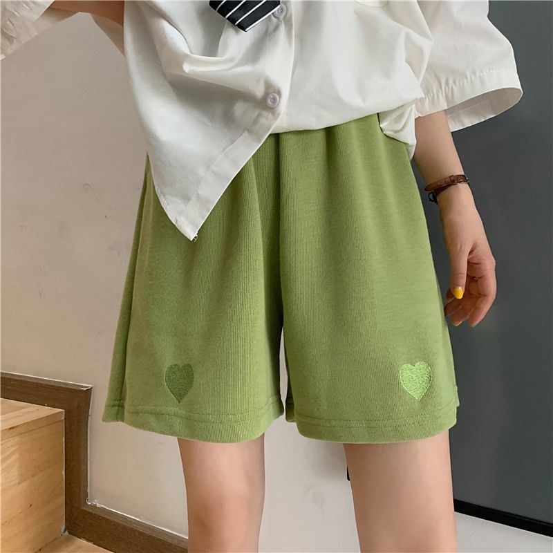 Quần short IELGY lưng cao ống rộng thêu họa tiết trái tim phong cách Hàn Quốc thời trang dành cho nữ
