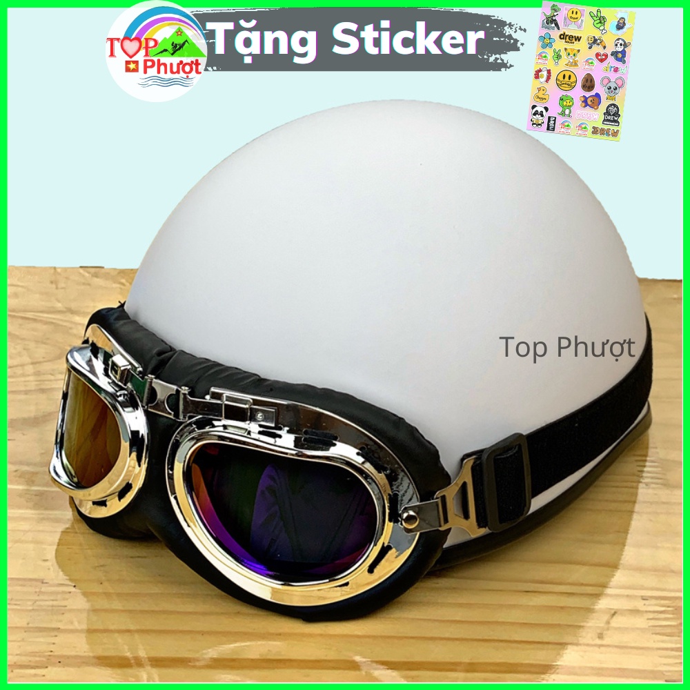 Mũ bảo hiểm nửa đầu màu Trắng cute có kính Uv kính Phi công - Nón 1/2 cao cấp xốp ép nhiệt chính hãng