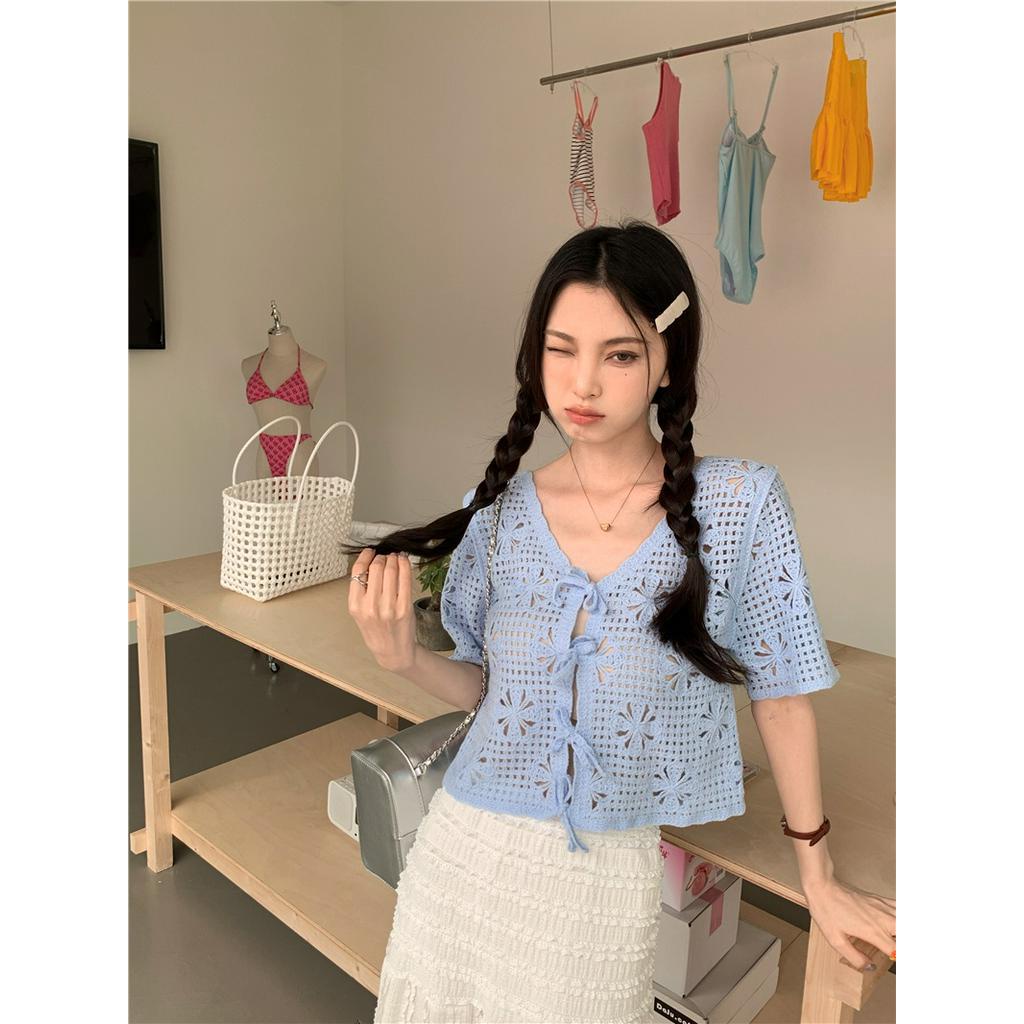 Áo Cardigan Dệt Kim Mỏng Họa Tiết Hoa Phong Cách Retro Pháp Thời Trang Mùa Hè 63023