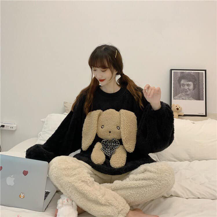 Bộ ngủ lông thỏ kute tay bồng phom rộng trẻ trung xinh xắn/ Set áo sweater lông cừu phối quần dài ống rộng 3107.STORE | BigBuy360 - bigbuy360.vn