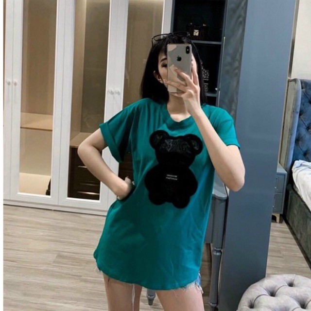 Áo thun tay lỡ dáng rộng thêu gấu siêu xinh Hàng y hình