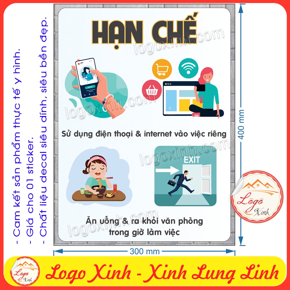 LOGO TEM STICKER NHẮC NHỞ NHỮNG VIỆC HẠN CHẾ TRONG GIỜ LÀM VIỆC NƠI CÔNG SỞ, QUY TRÌNH QUY CHẾ VÀ NỘI QUY TRONG CÔNG TY