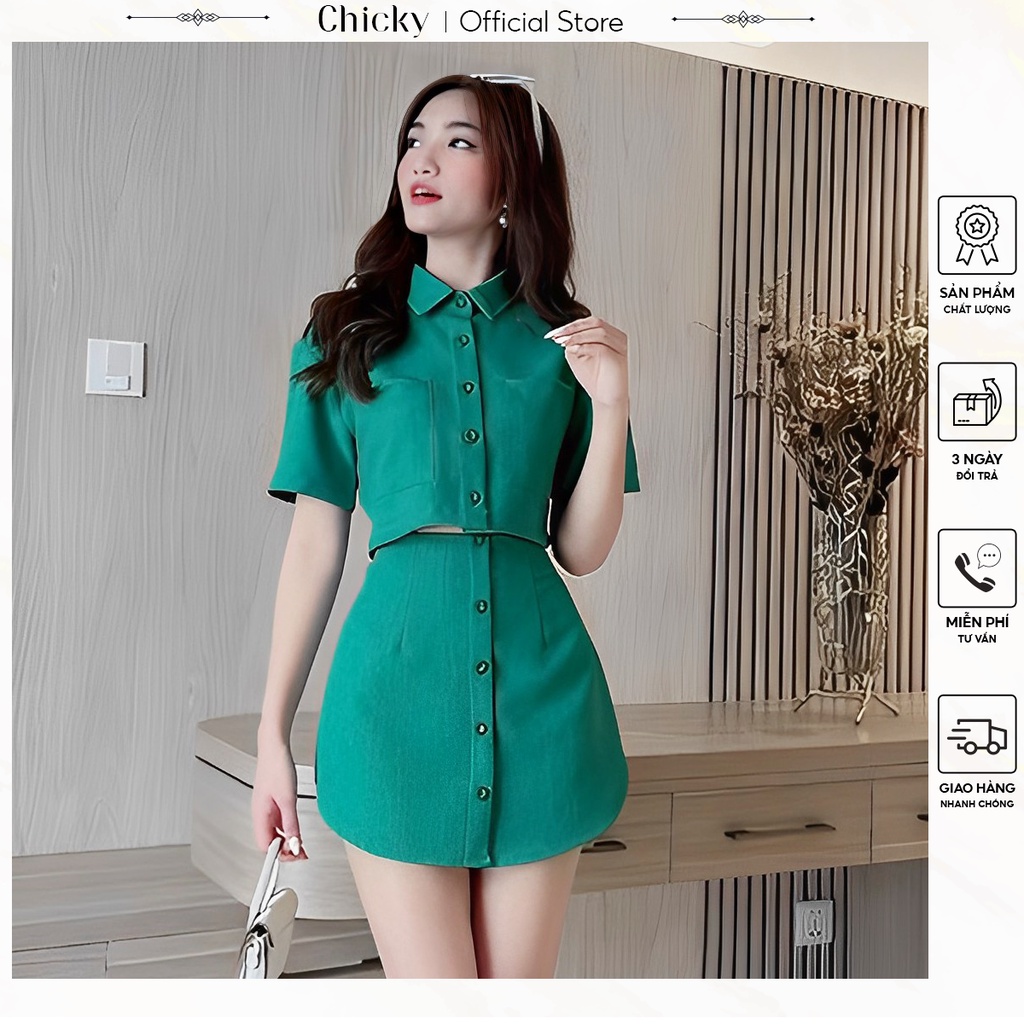 set áo và chân váy áo crotop cổ sơ mi tay ngắn phối cùng chân váy với hàng nút xinh
