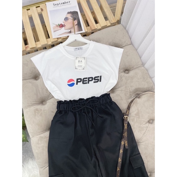 Set Áo Phông from Thụng cổ tròn, áo nữ kiểu vai đổ hình pepsi Kèm Quần Bom Dài Bo Gấu Túi hộp, set đồ bộ nữ