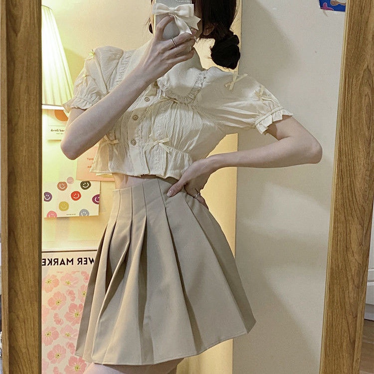 Bộ Áo Tay Phồng Ngắn Cổ Búp Bê Phối Chân Váy Xếp Ly Kiểu Retro Hàn Quốc Thời Trang Mùa Hè Cho Nữ