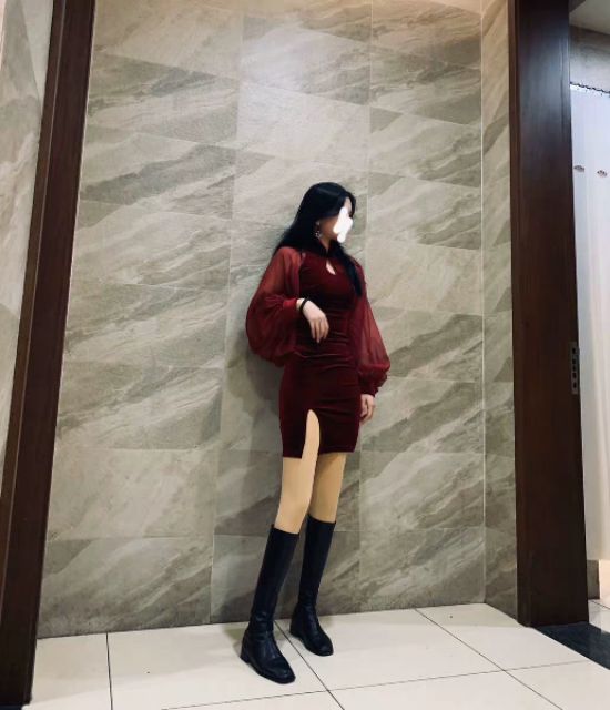 //SỈ BẰNG LẺ //Đầm sườn xám đỏ mận huyền bí nữ trung hoa ôm body xẻ tà tay bồng