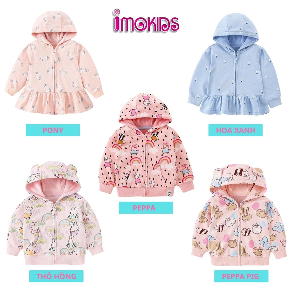 Áo khoác nỉ bé gái Malwee 10-27kg Áo nỉ trẻ em kéo khóa có mũ vải nỉ da cá cao cấp hình in ngộ nghĩnh