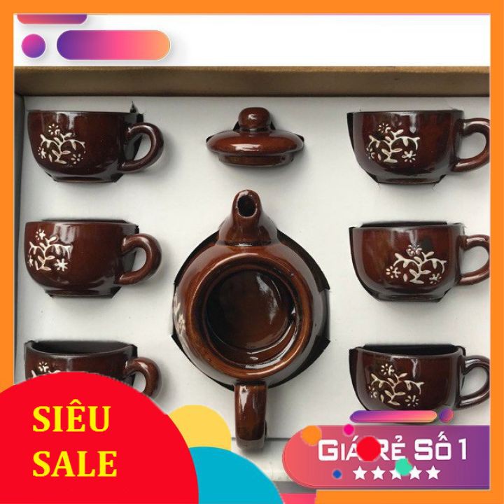 ♥ Bộ ấm trà 6 ly ♥ Màu Sắc : Nâu - Họa Tiết : Cây Dừa , Bông Tuyết , Coffe – chọn ngẫu nhiên - Chất Liệu : Sứ tráng men