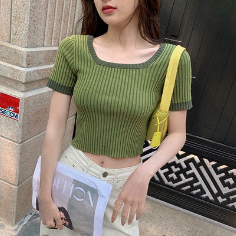 Áo Thun Tay Ngắn Cổ Vuông Dáng Ôm Phong Cách Hàn Quốc