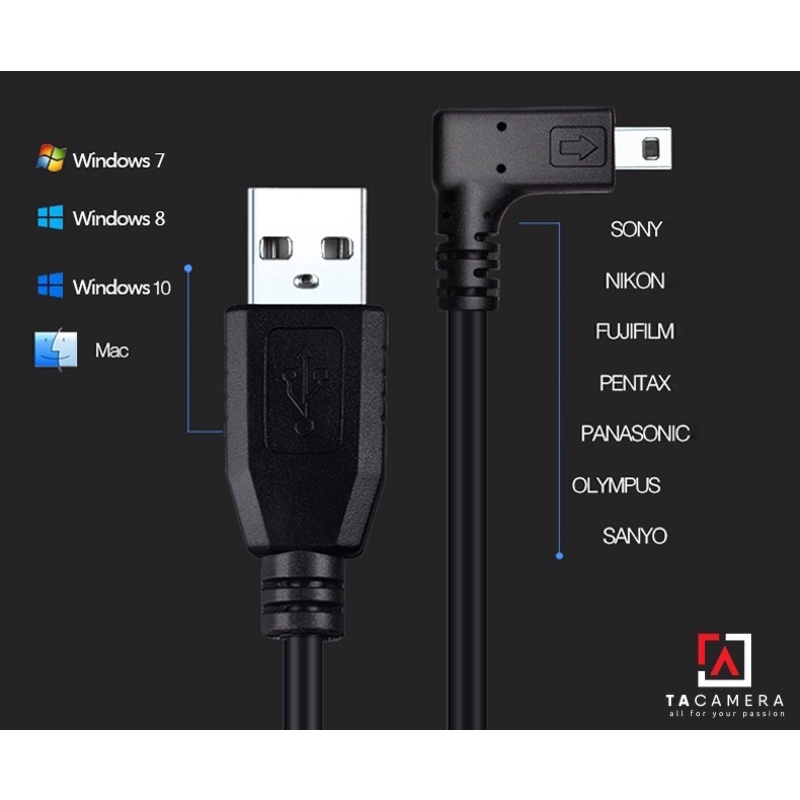 Dây Cáp USB 2.0 To MiniB 8Pin Chụp Ảnh Flatlay Bằng Liveview Dài 10m Right Angle