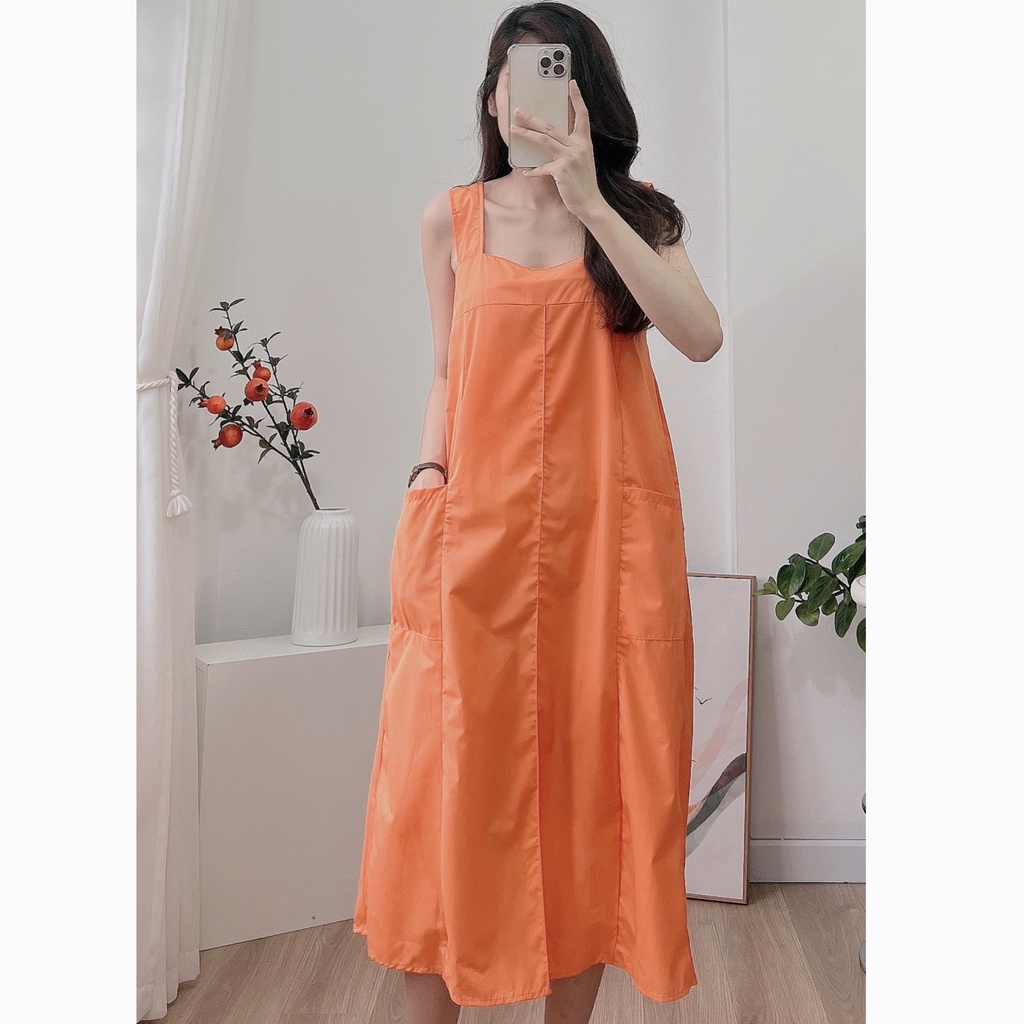 Váy 2 dây suông bản to cổ vuông dáng dài HV196, đầm tiểu thư đi biển xếp ly suông 2 túi to