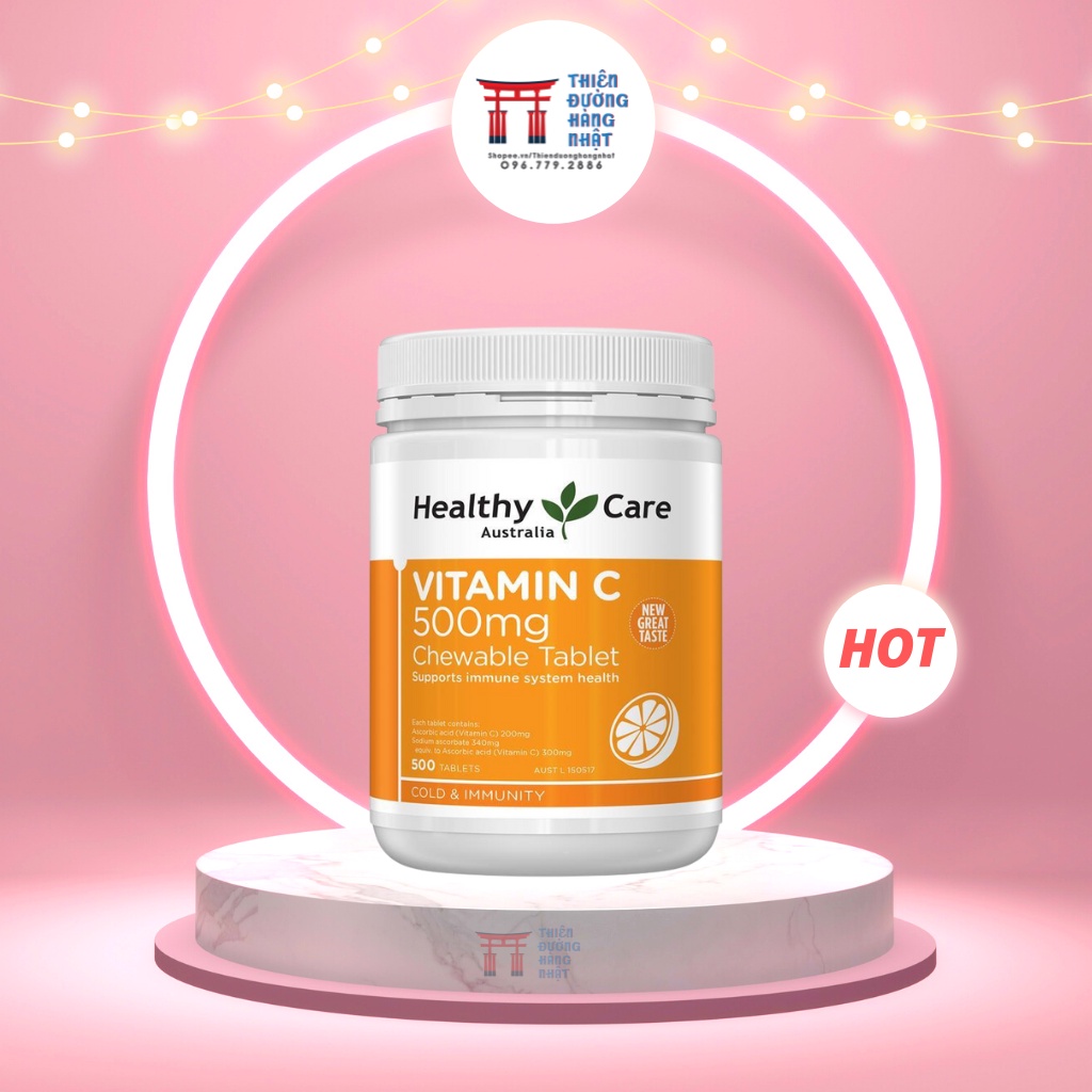 Viên uống vitamin C Healthy Care Úc 500mg Chewable Tablet  Hộp 500 viên trắng da, tăng cường sức đề kháng