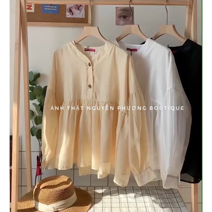 Áo voan babydoll cổ V tay bồng phối cúc ba màu Hàn Quốc dễ phối đồ