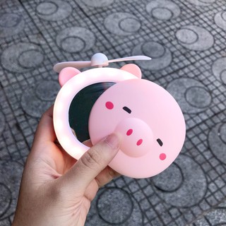 Quạt mini cầm tay, có gương và đèn led selfie, hình heo màu hồng siêu dễ thương