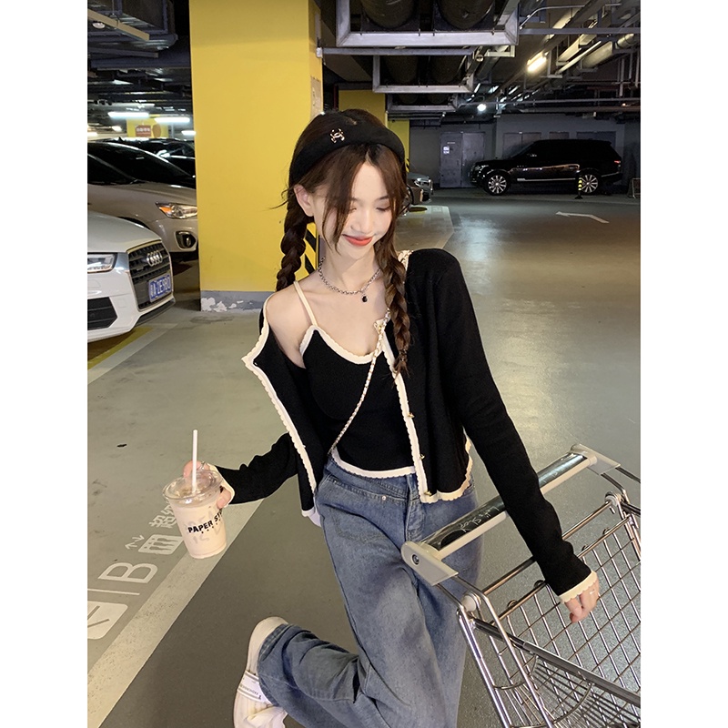 622571 Set Áo Khoác Cardigan Dệt Kim Dài Tay Và Áo Hai Dây Phong Cách Mới