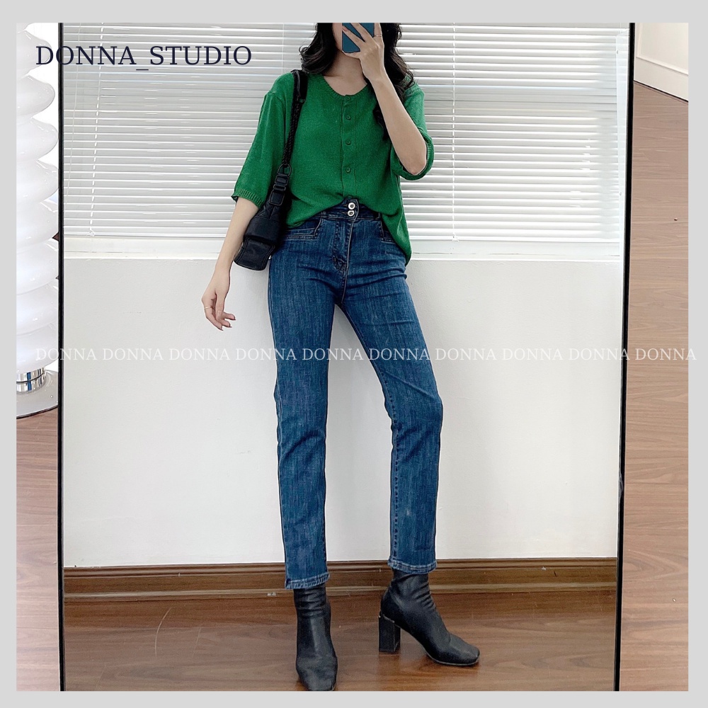 Quần Bò Ống Đứng 2 Cúc DONNA Quần Jean Cạp Cao Phong Cách Hàn Quốc