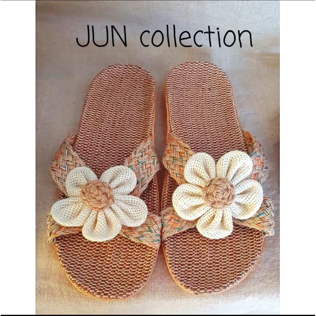 Dép cói quai chéo sọc đính hoa vintage handmade, mang nhà, đi biển, dạo phố, Hàn Quốc