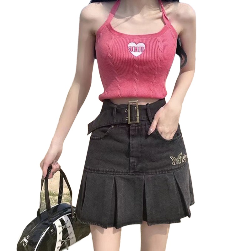 Chân Váy Jeans Ngắn Lưng Cao Thêu Chữ Và Bướm Phong Cách Vintage Cho Nữ