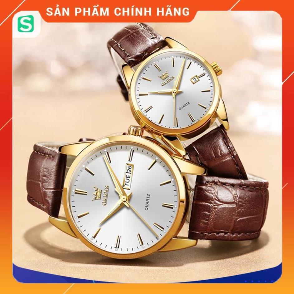 Đồng hồ đôi Olevs Nhật Bản,chống thấm nước,dây da cao cấp,dạ quang,thạch anh,mặt tròn