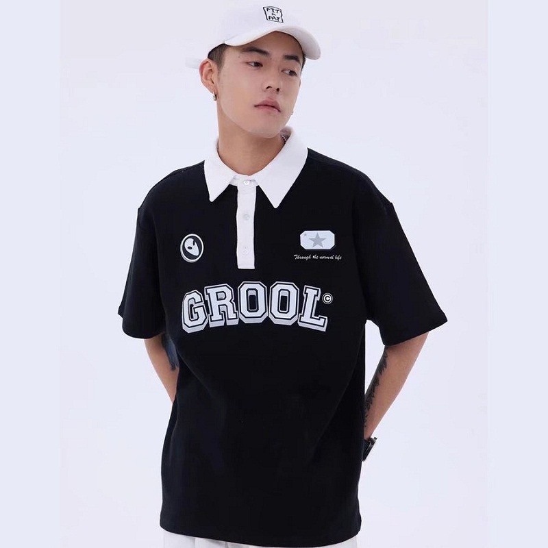 Áo Polo Cộc Tay Unisex Grool Phong Cách Ullzang,Áo Thun Có Cổ Nam Nữ Cotton Thoáng Mát