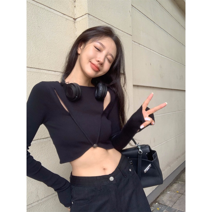 Áo dệt kim ZHELIHANGFEI tay dài hở eo phong cách trẻ trung thời trang quyến rũ cho nữ