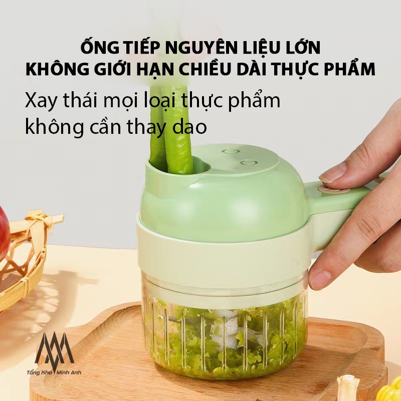 Máy xay cầm tay đa năng 4in1 - Máy thái lát rau củ, tỏi ớt - Lưỡi dao kép - Cổng sạc USB