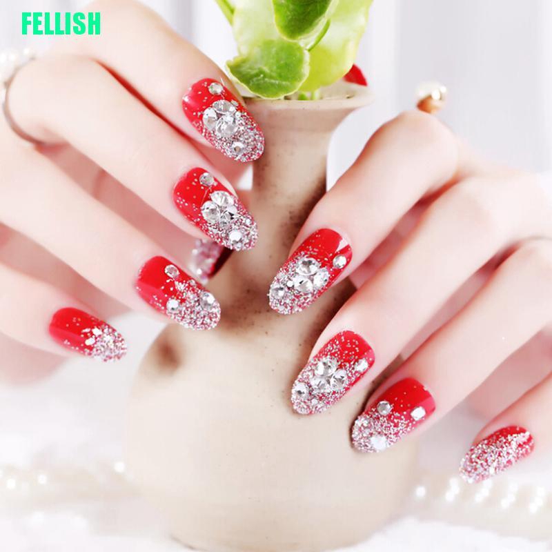 [Hàng mới về] 24 Móng giả kèm phụ kiện màu đỏ đính đá ánh kim