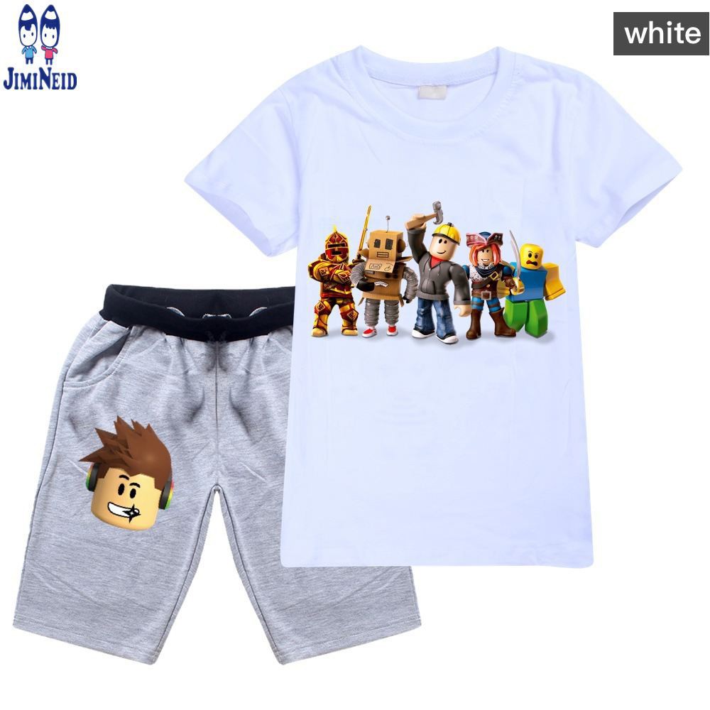 【JD】Spot  hot new big Boys Girl Clothes Sets Summer Roblox Short-sleeved cotton T-shirt + shorts 2-piece set