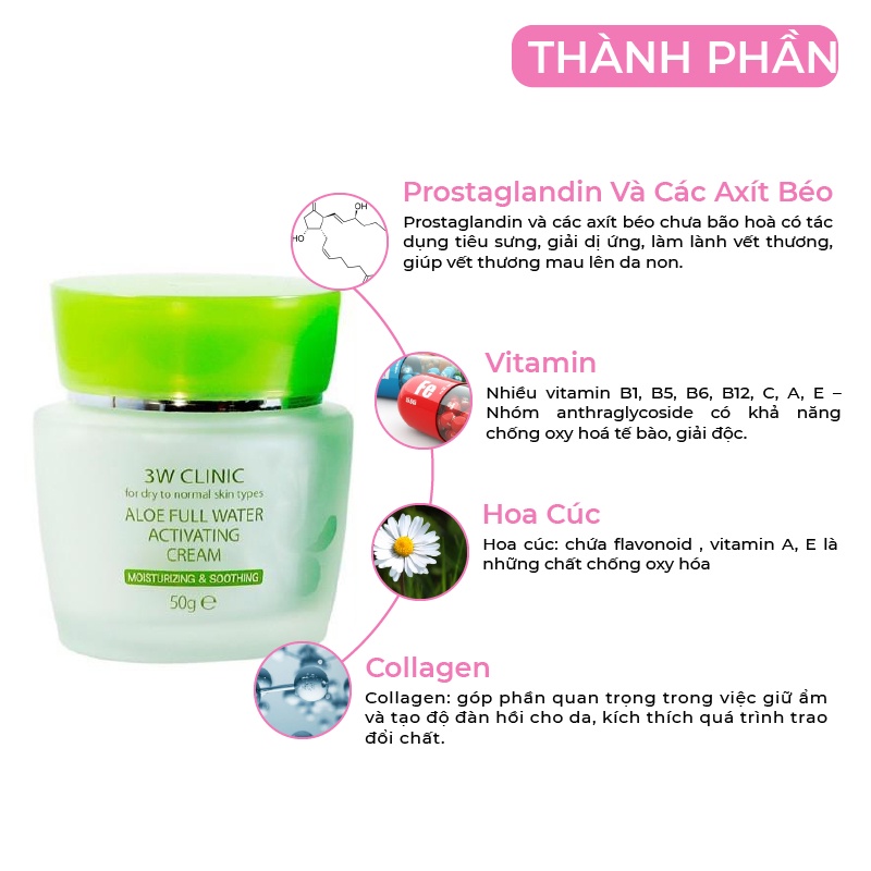 Kem dưỡng trắng da cấp nước tinh chất lô hội 3W Clinic Aloe Full Water Activating Cream Hàn Quốc 50ml